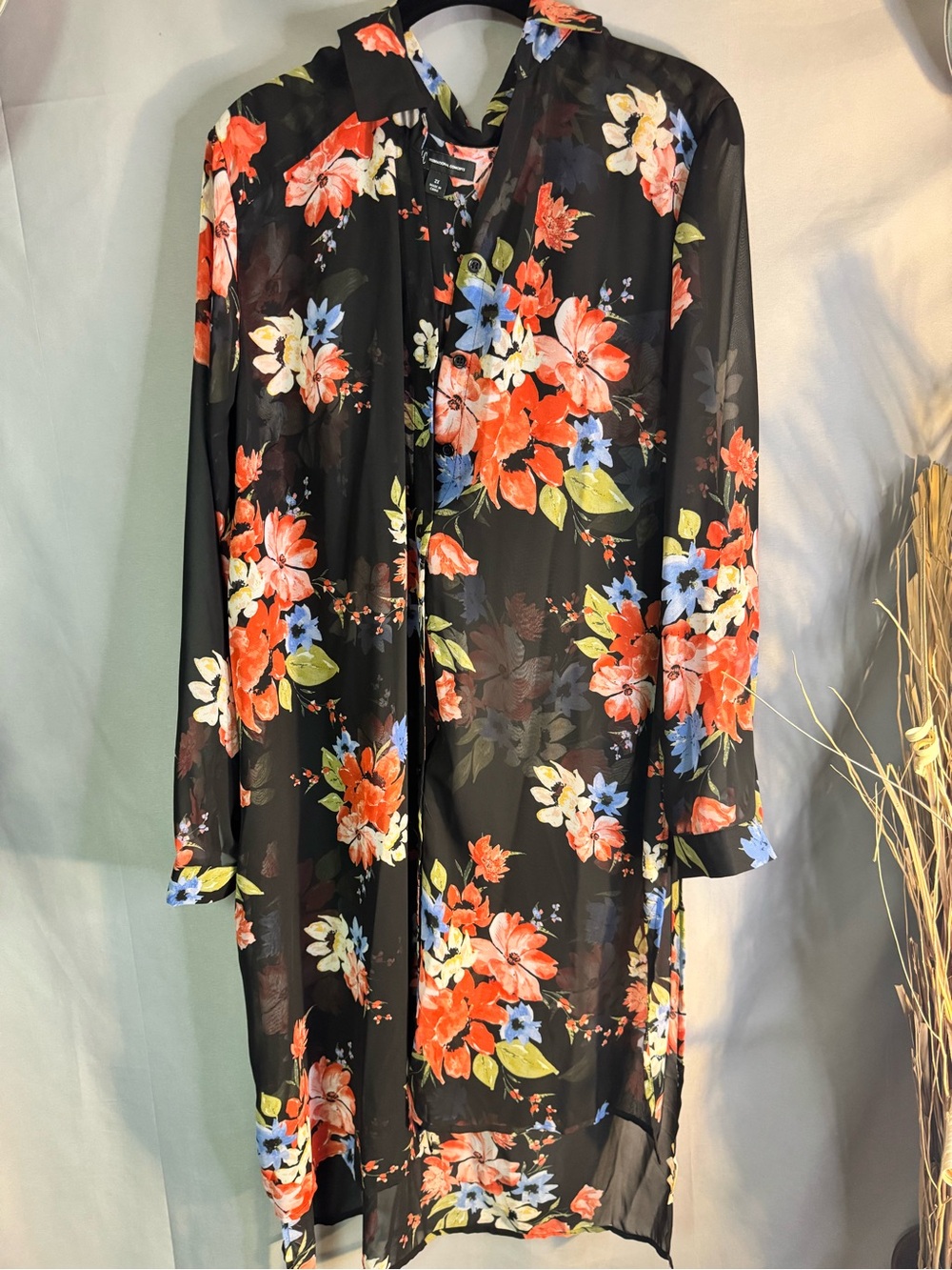 Sheer Black Floral Longline Blouse/tunic with Red & Blue Blooms